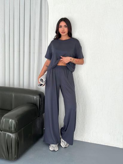 Osy Modal Yumuşak Dokulu Kumaş Bisiklet Yaka T-shirt Bol Paça Pantalon Ikili Takım -Antrasit resmi